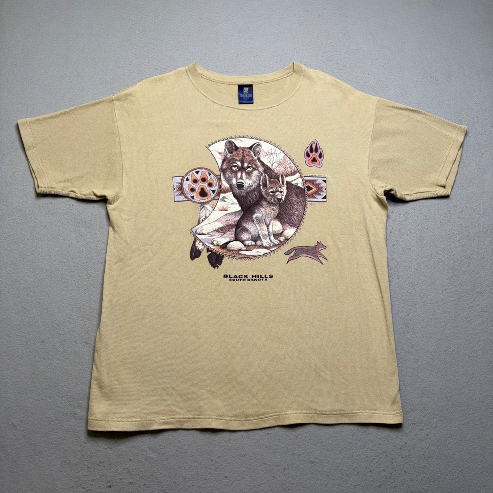 Belton Designer Knits T-Shirt Mens L Tan Vintage 90s Wolf Black Hills Ribbed Tee